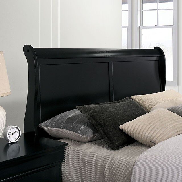 Black wooden sleigh headboard with panel design