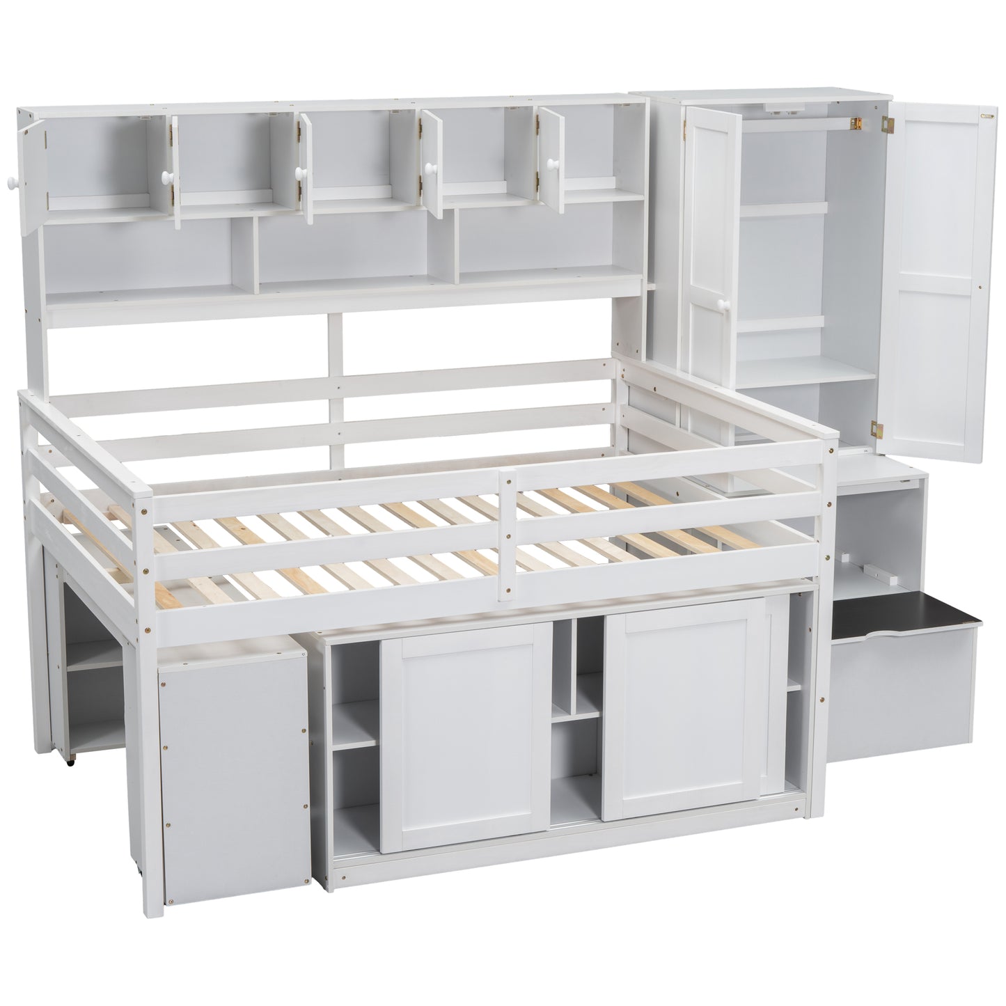 White loft bed with integrated desk and storage cabinets