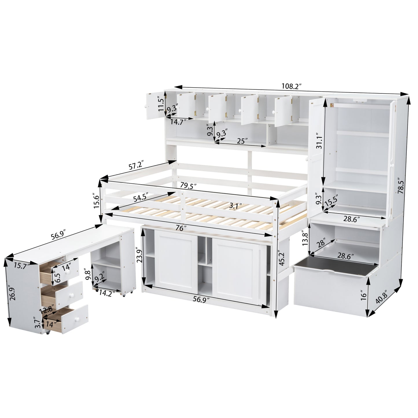 White loft bed with desk and storage cabinets dimensions displayed for furniture