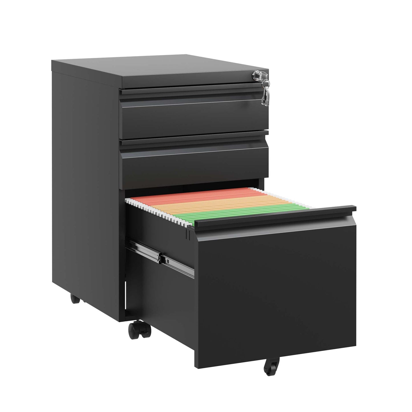 Black metal mobile filing cabinet with three drawers and hanging file folders ideal for office organization