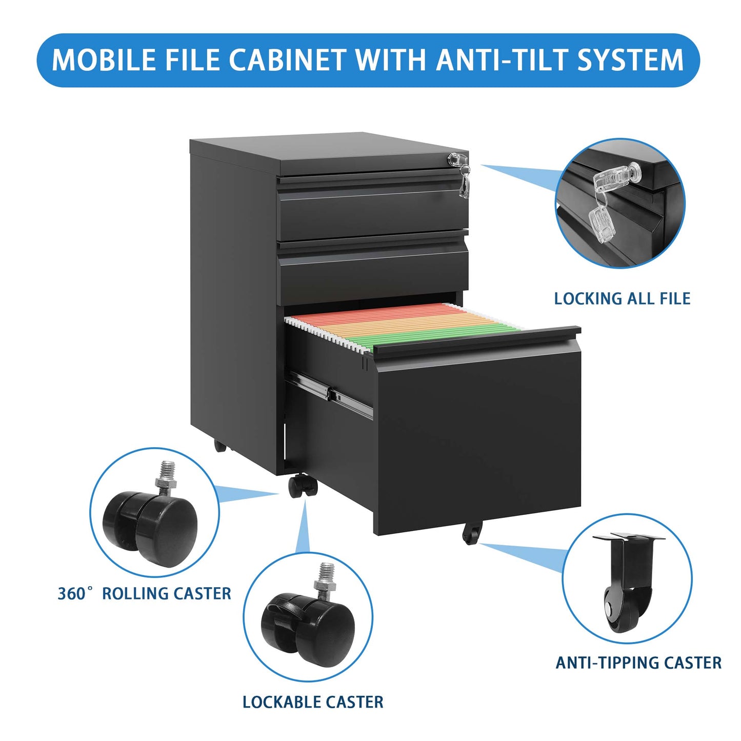 Black metal mobile file cabinet with three drawers and fullextension glides for ample storage
