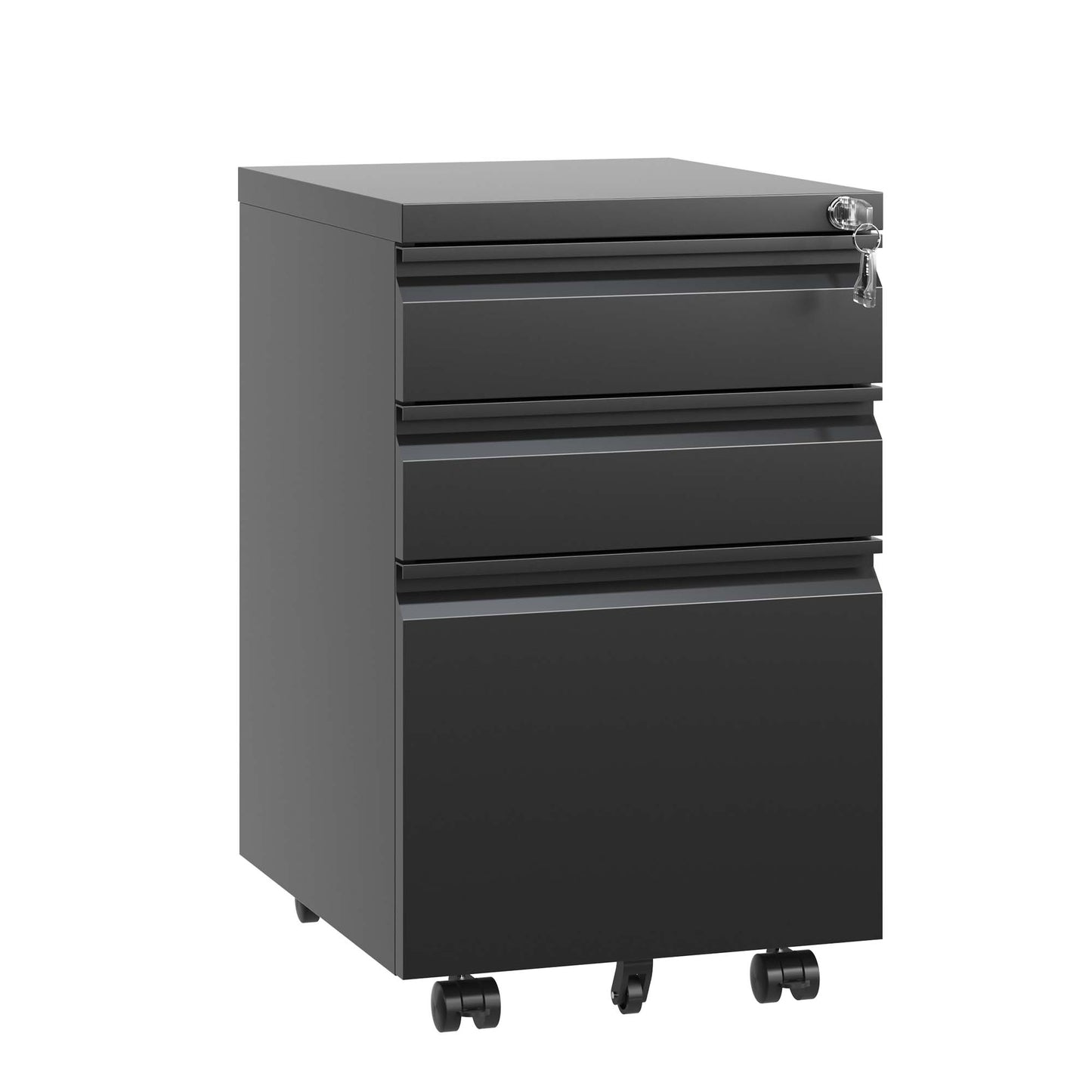 Charcoal gray metal filing cabinet with three drawers and rolling casters perfect for office storage