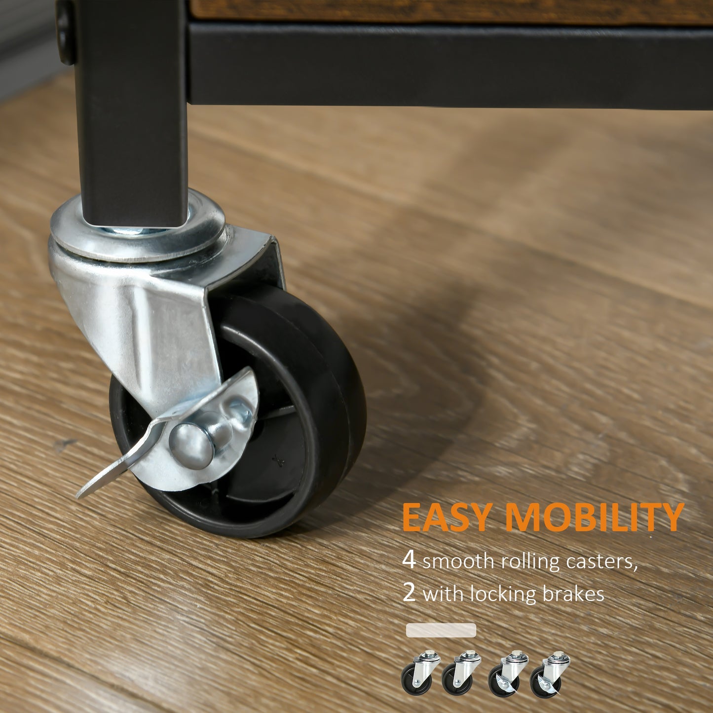 Closeup of a black swivel caster wheel with a metal bracket and locking lever