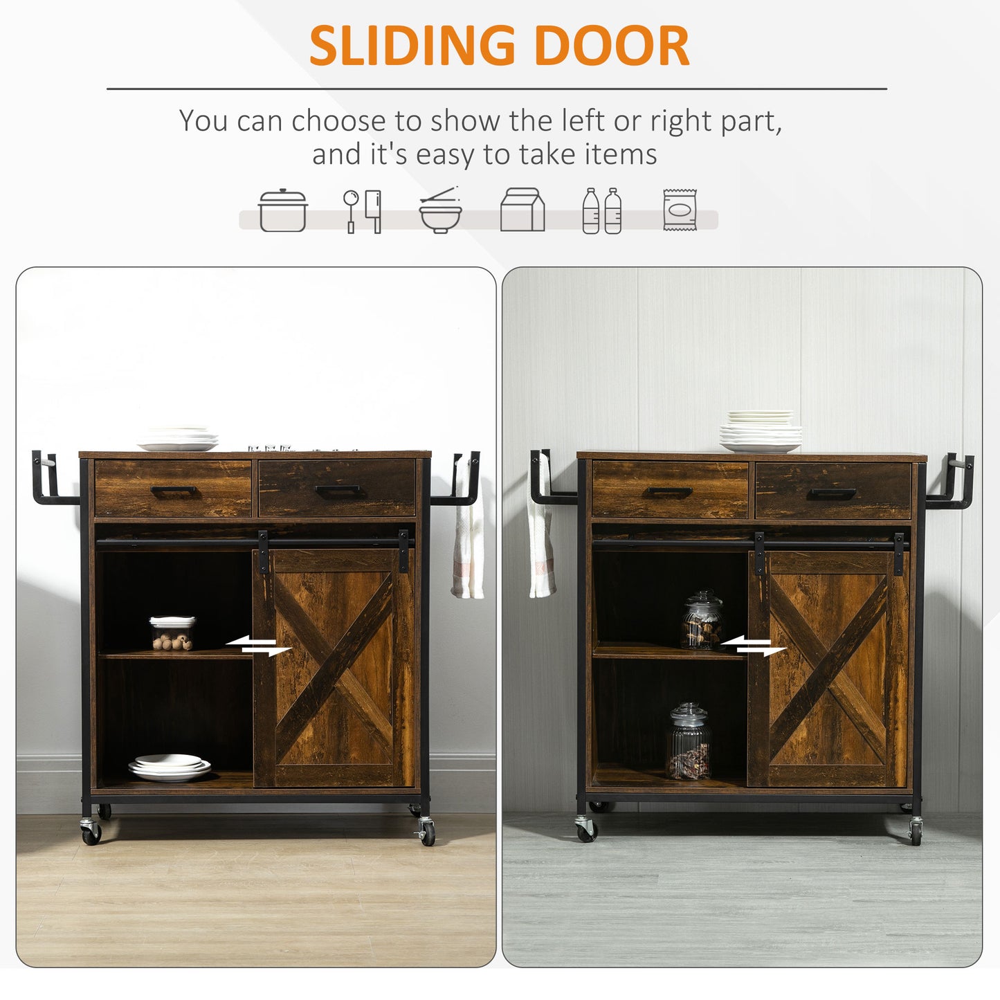 Rustic brown kitchen cart with sliding barn doors and towel racks