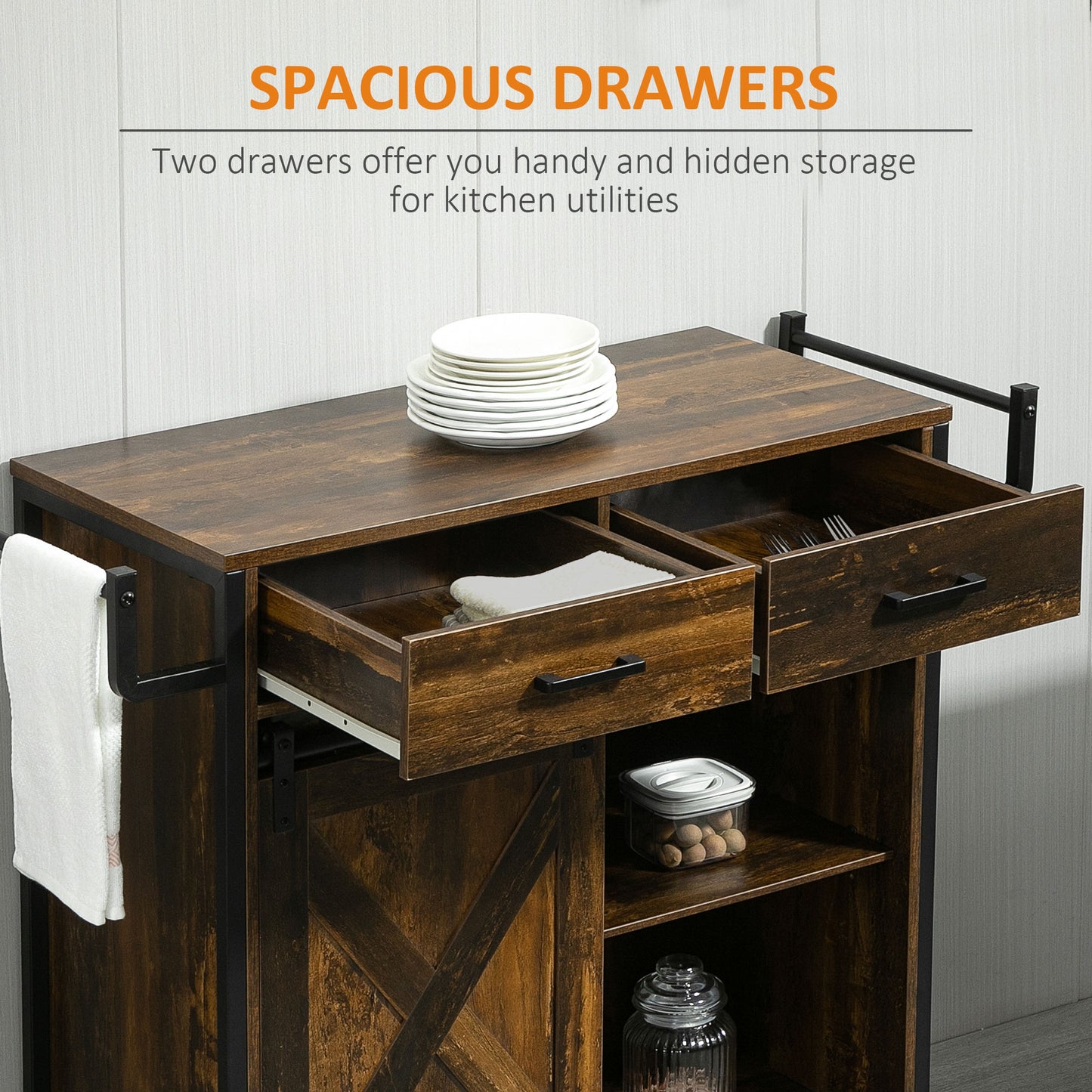 Rustic wood kitchen island cart with two open drawers