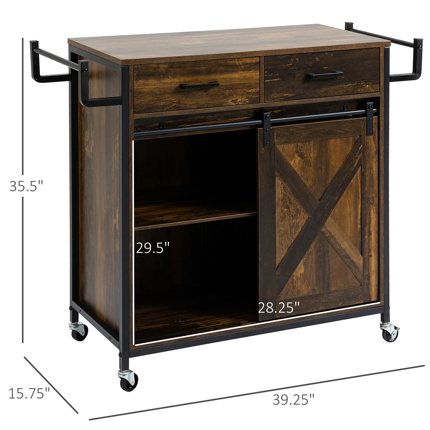 Rustic brown kitchen island cart with sliding barn door and metal frame