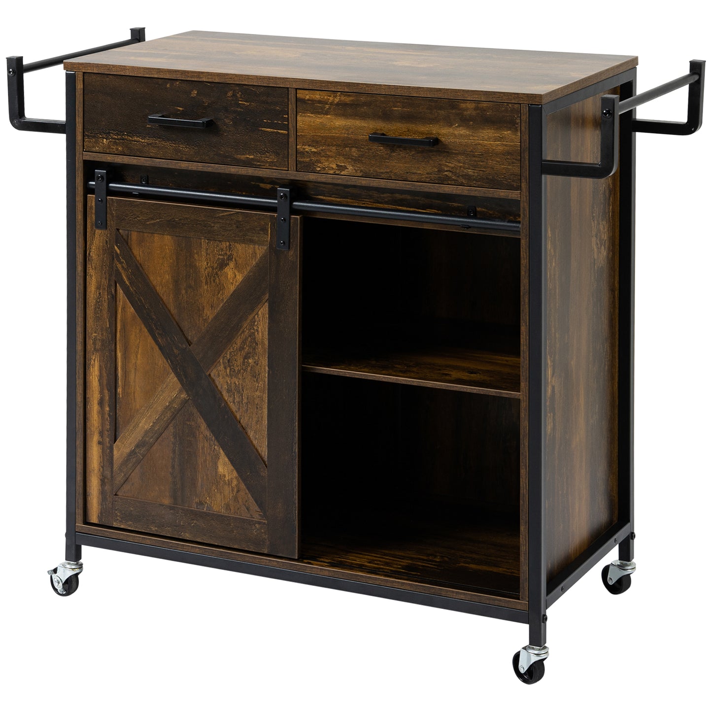 Rustic brown kitchen island with sliding barn door and two drawers