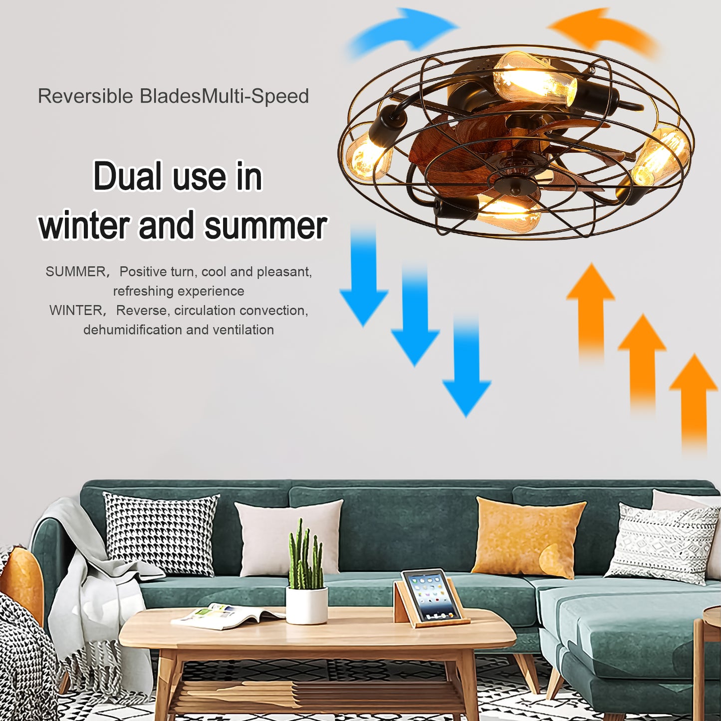 Black industrial cage ceiling fan with wood blades and exposed bulbs dualuse seasonal operation