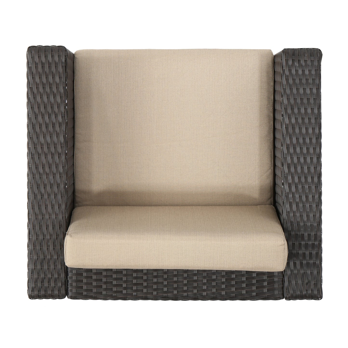 Top view of a dark brown wicker armchair with beige cushions perfect for outdoor seating