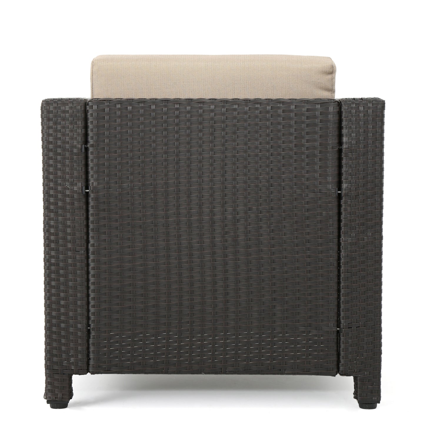 Back view of dark brown rattan patio chair with beige cushion