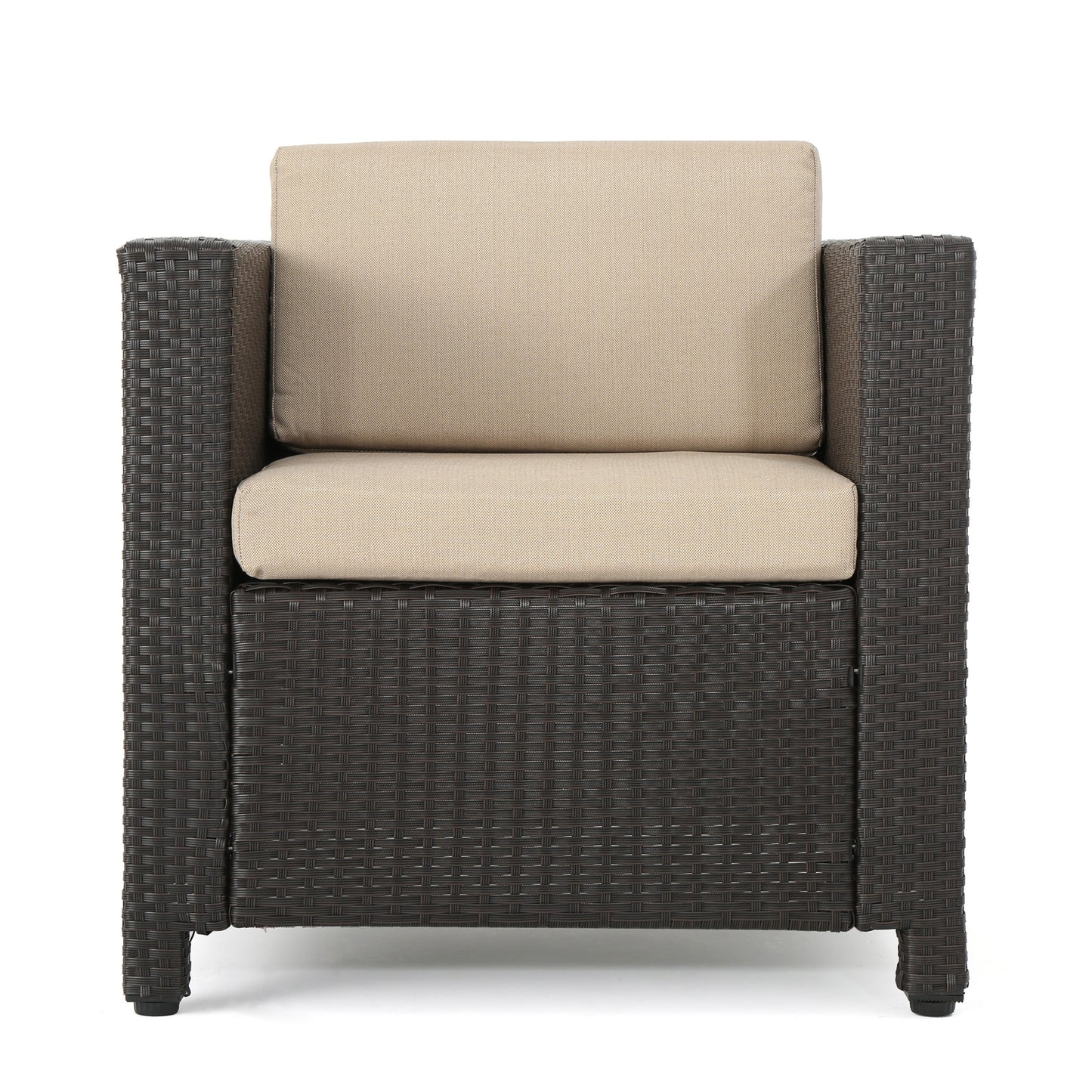 Dark brown rattan armchair with plush beige cushions for outdoor seating