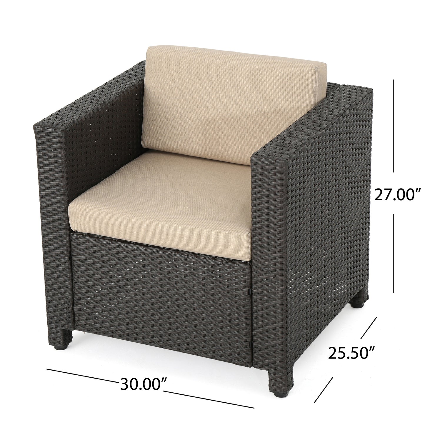 Dark brown wicker outdoor chair with light tan seat and back cushions