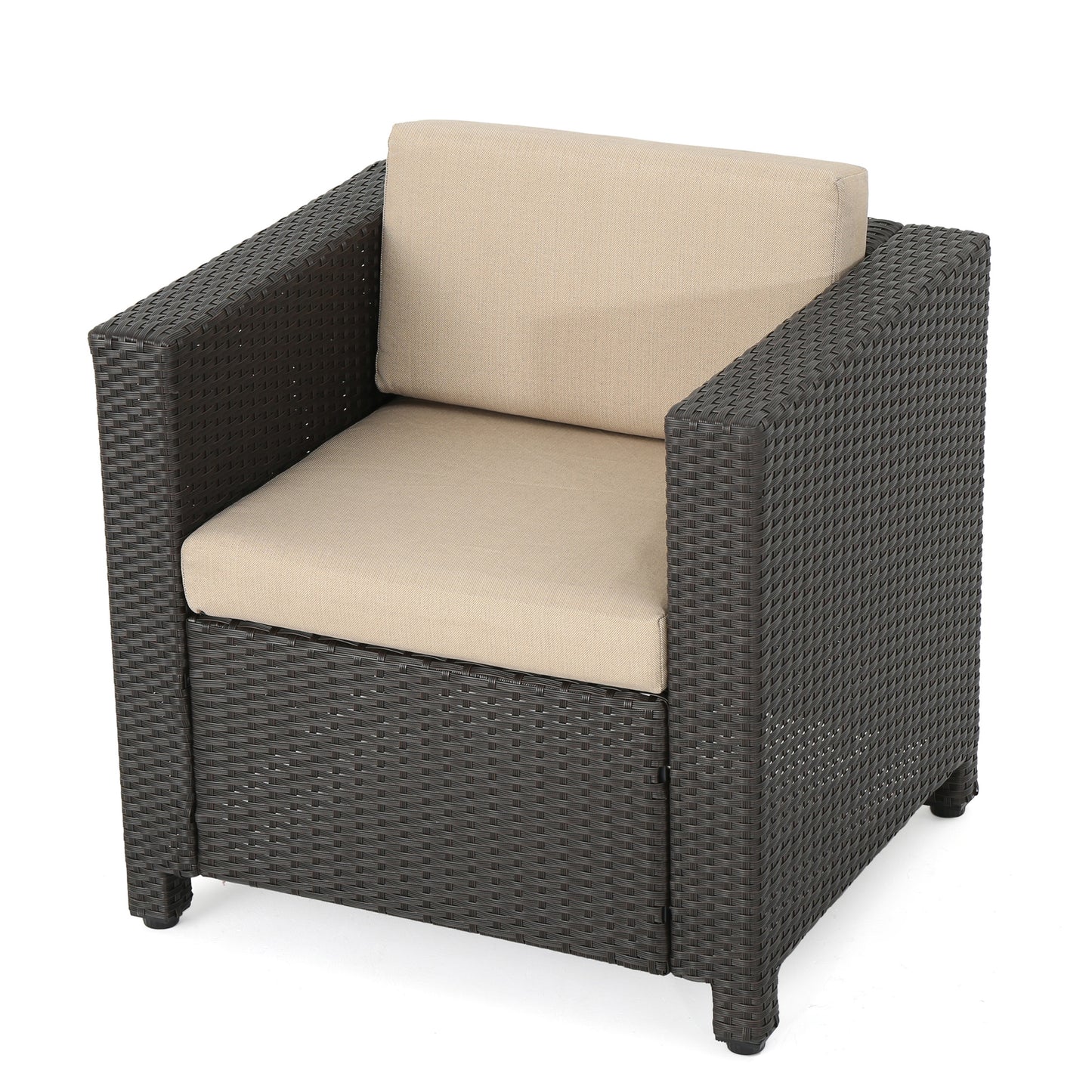 Dark brown wicker patio chair with beige cushions perfect for outdoor relaxation