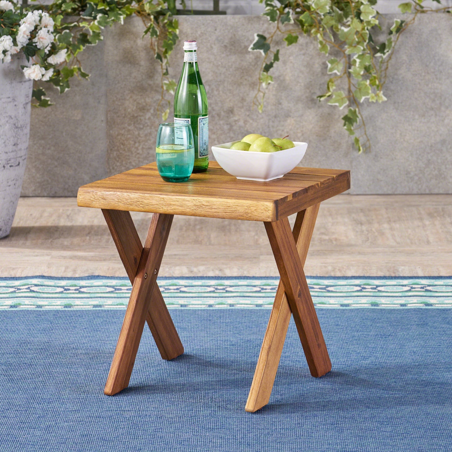 Acacia wood side table with Xleg design perfect for patio use