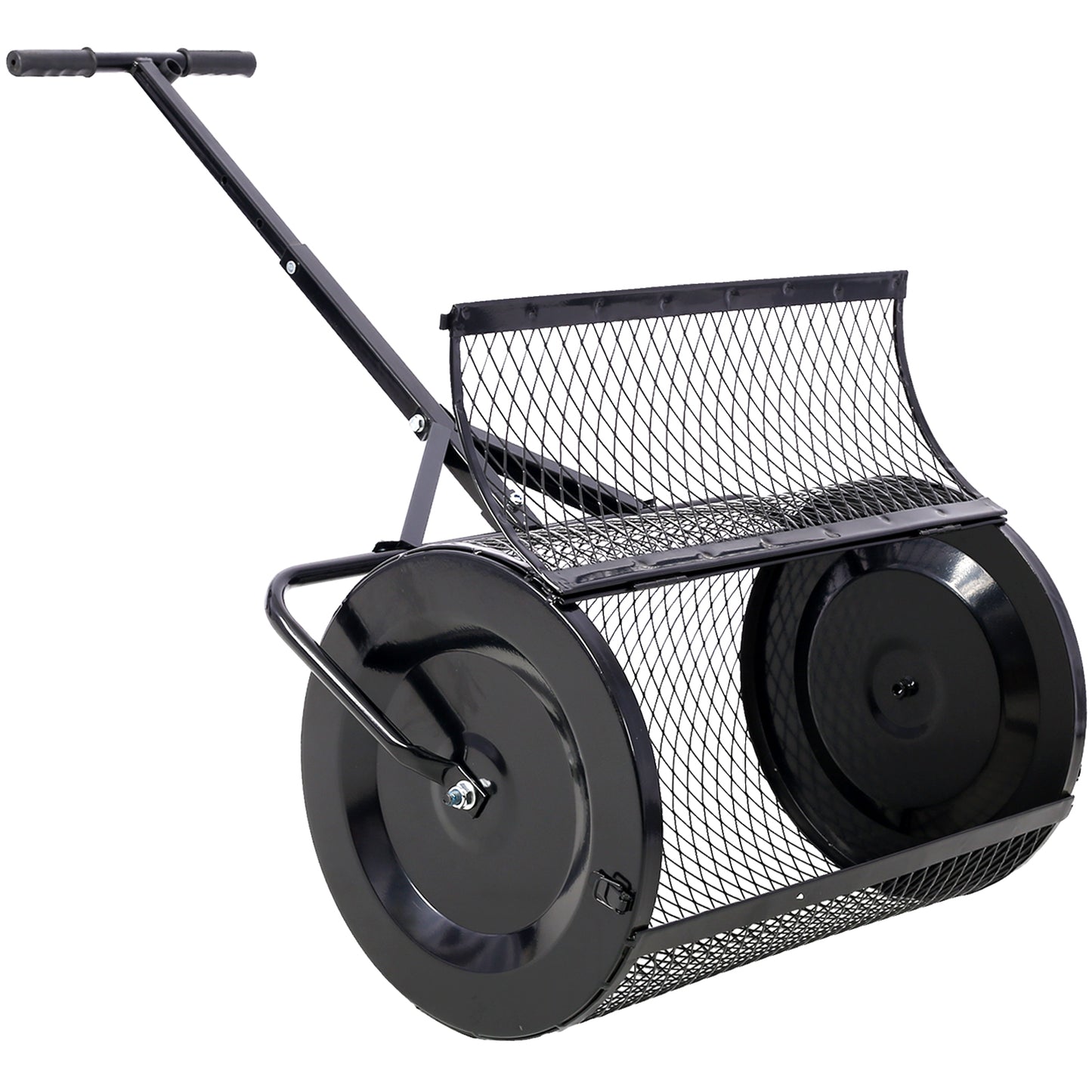Black metal lawn roller with mesh basket for soil compaction and seed spreading