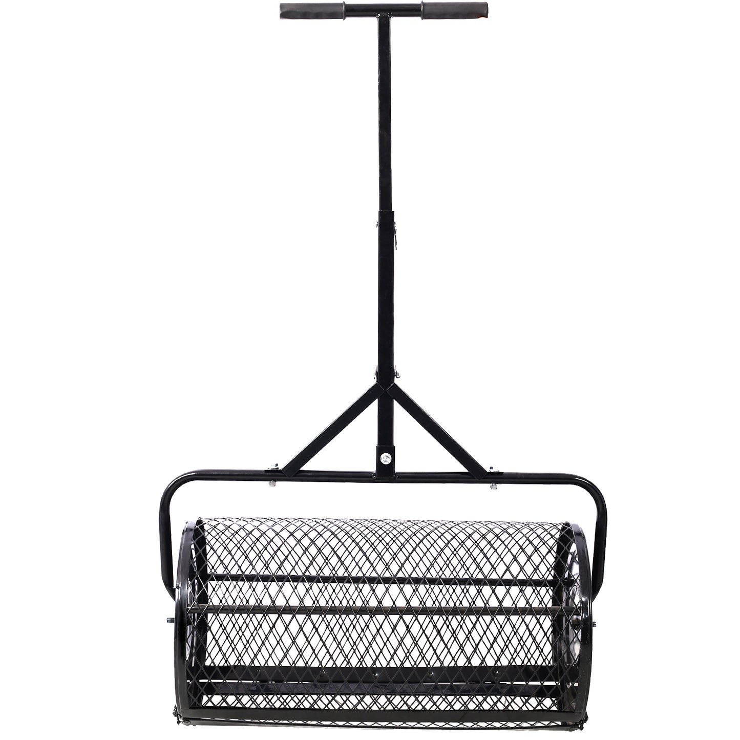 Black metal yard roller with Thandle for efficient lawn leveling and soil compaction