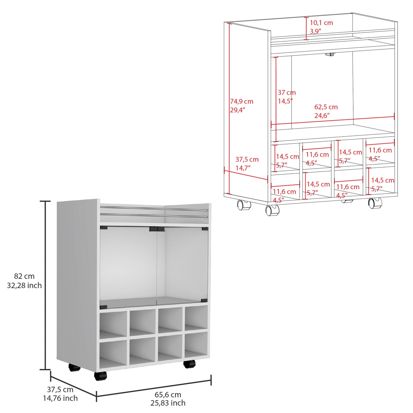 White rolling bar cart with multiple cubbies