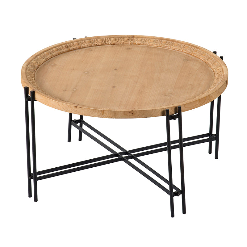 Round wooden coffee table with carved rim and black metal Xbase