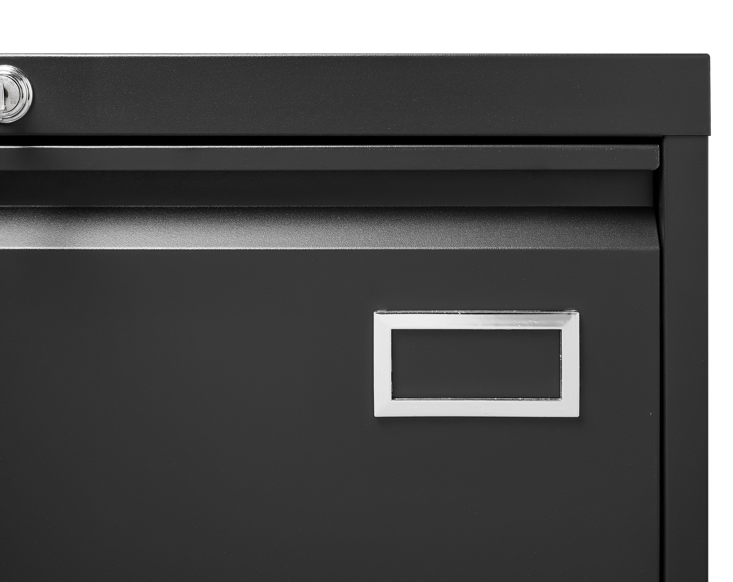 Closeup of a dark gray metal filing cabinet drawer with a silver handle and lock