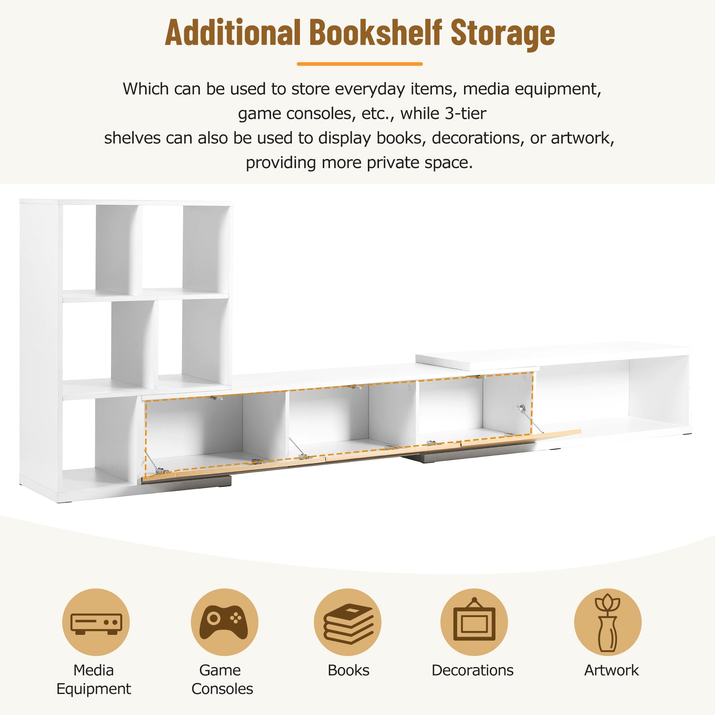 Modern white entertainment center with open shelves and hidden cabinet storage
