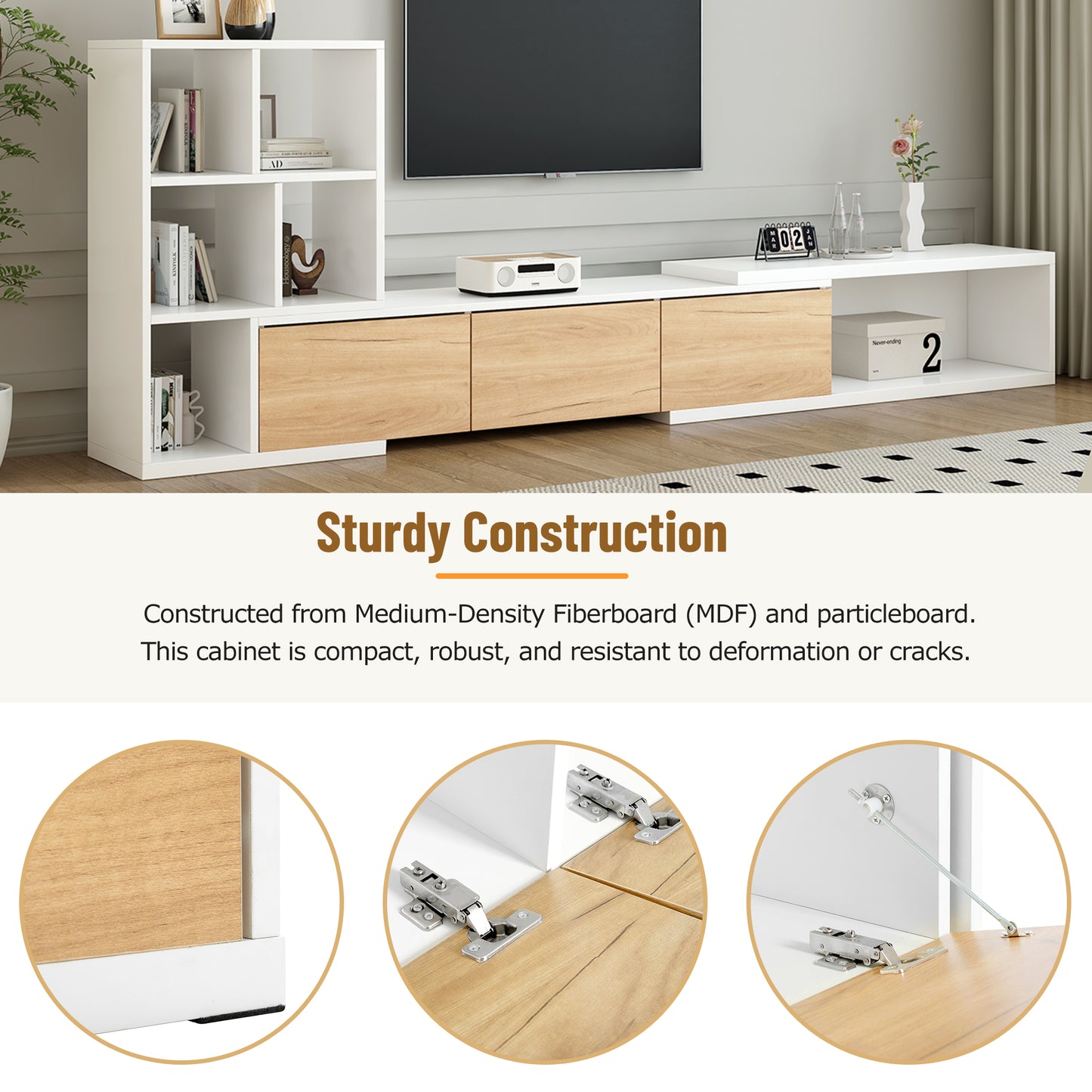 Modern white and oak media console with open shelving for entertainment systems
