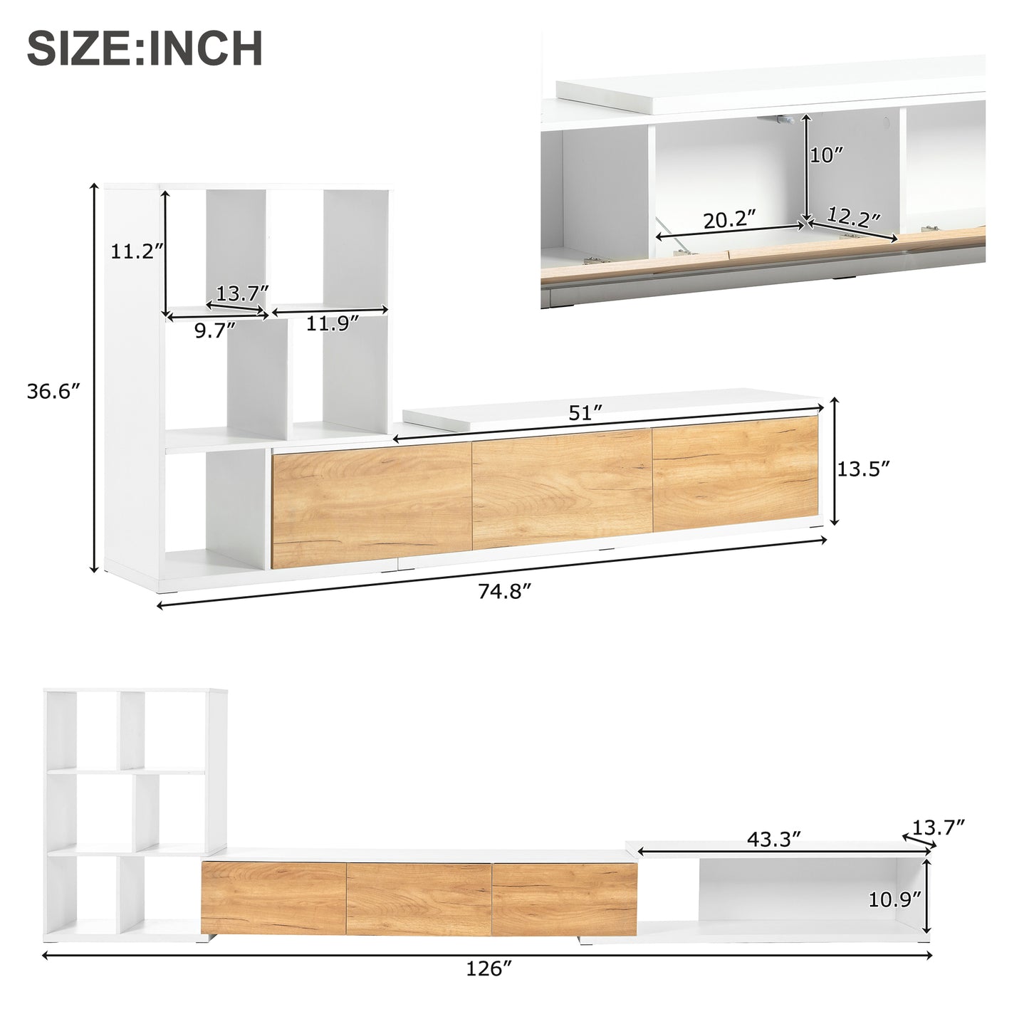 White and wood tone media console with labeled dimensions