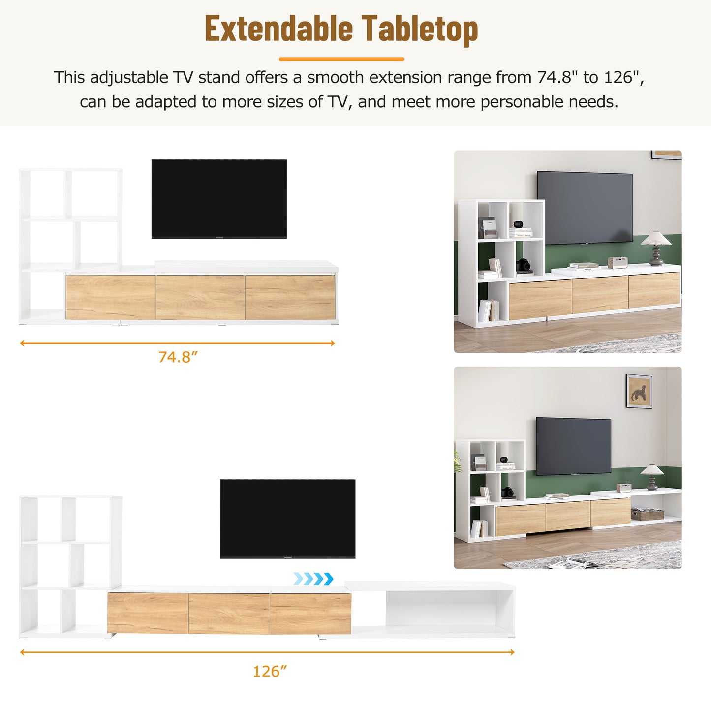 White and wood adjustable TV stand at inches