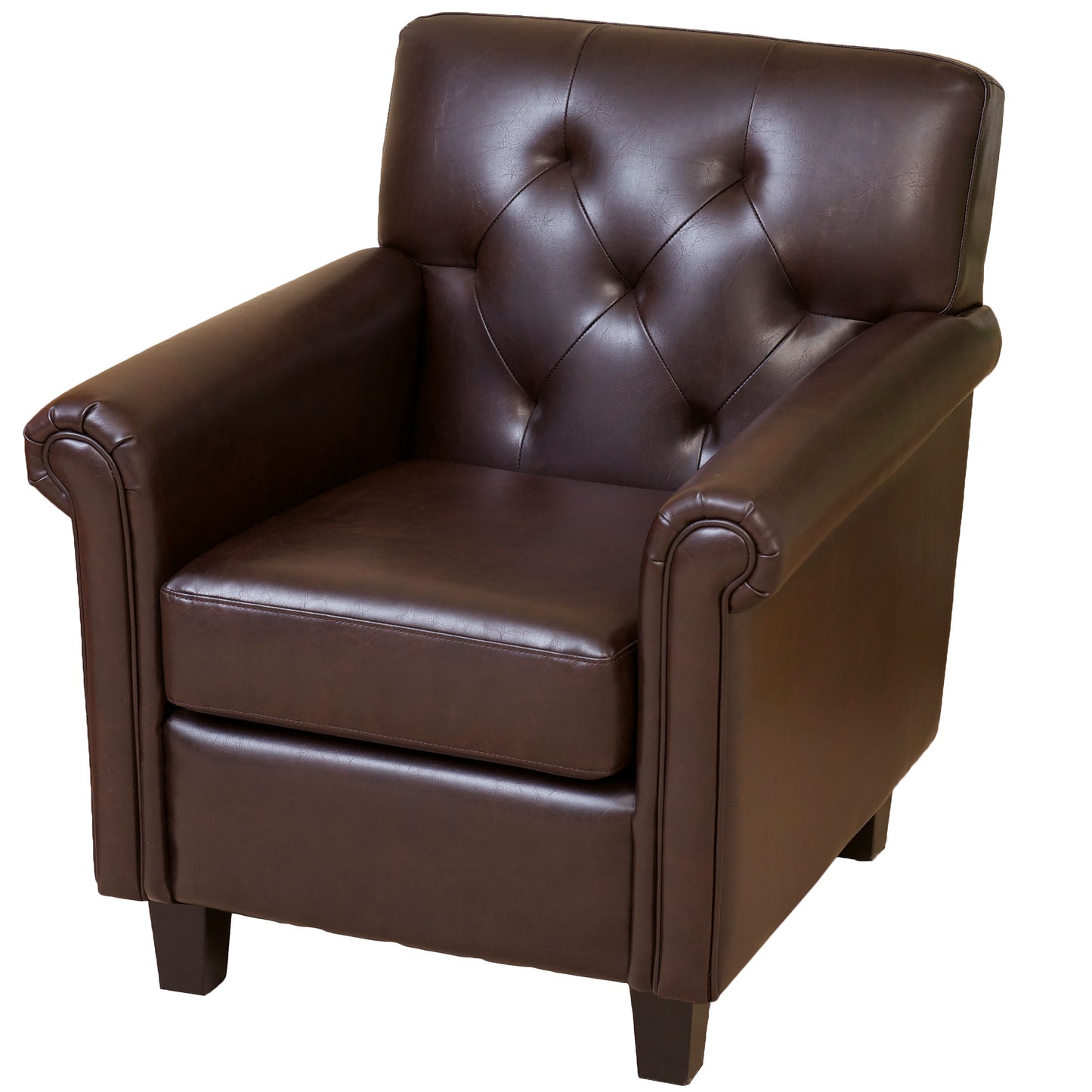 Tufted dark brown leather armchair with rolled arms and classic design