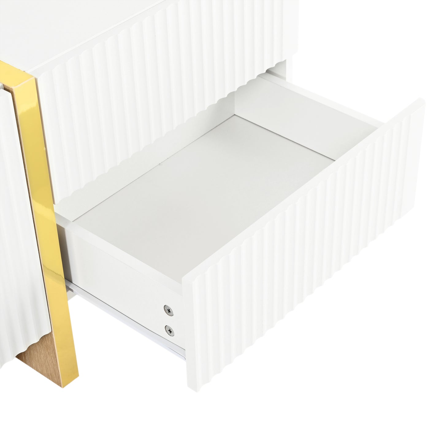 White textured cabinet with gold trim and open drawer