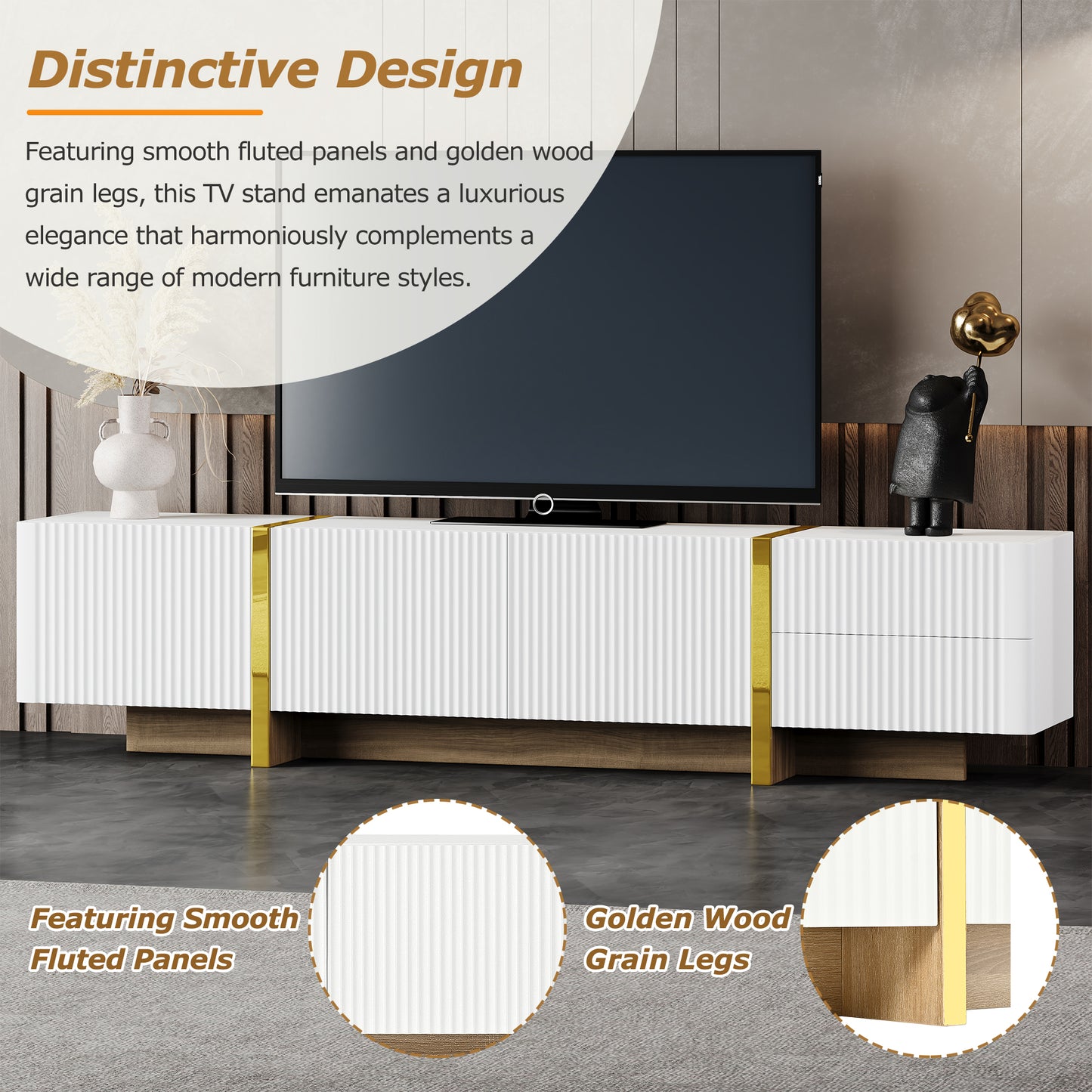 White TV stand with fluted panels and golden wood grain legs characters