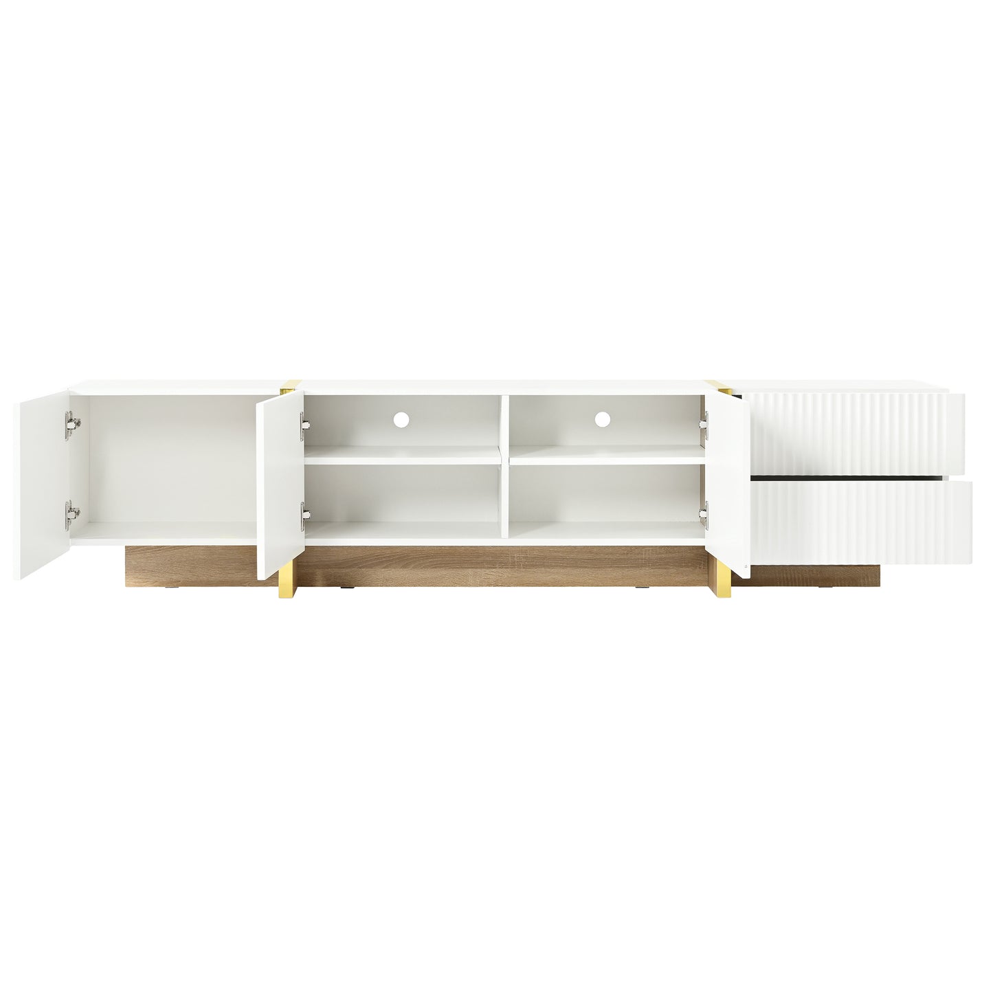 Modern white media console with open shelving and fluted drawers featuring gold accents