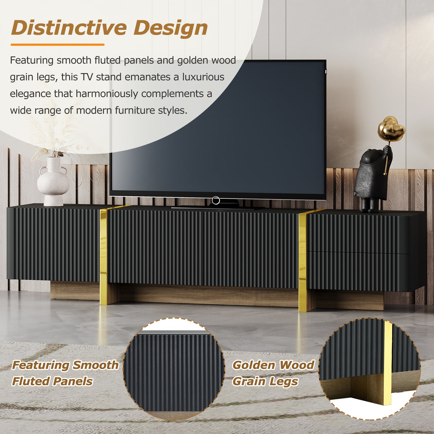 Black fluted panel TV stand with golden wood grain legs and gold accents