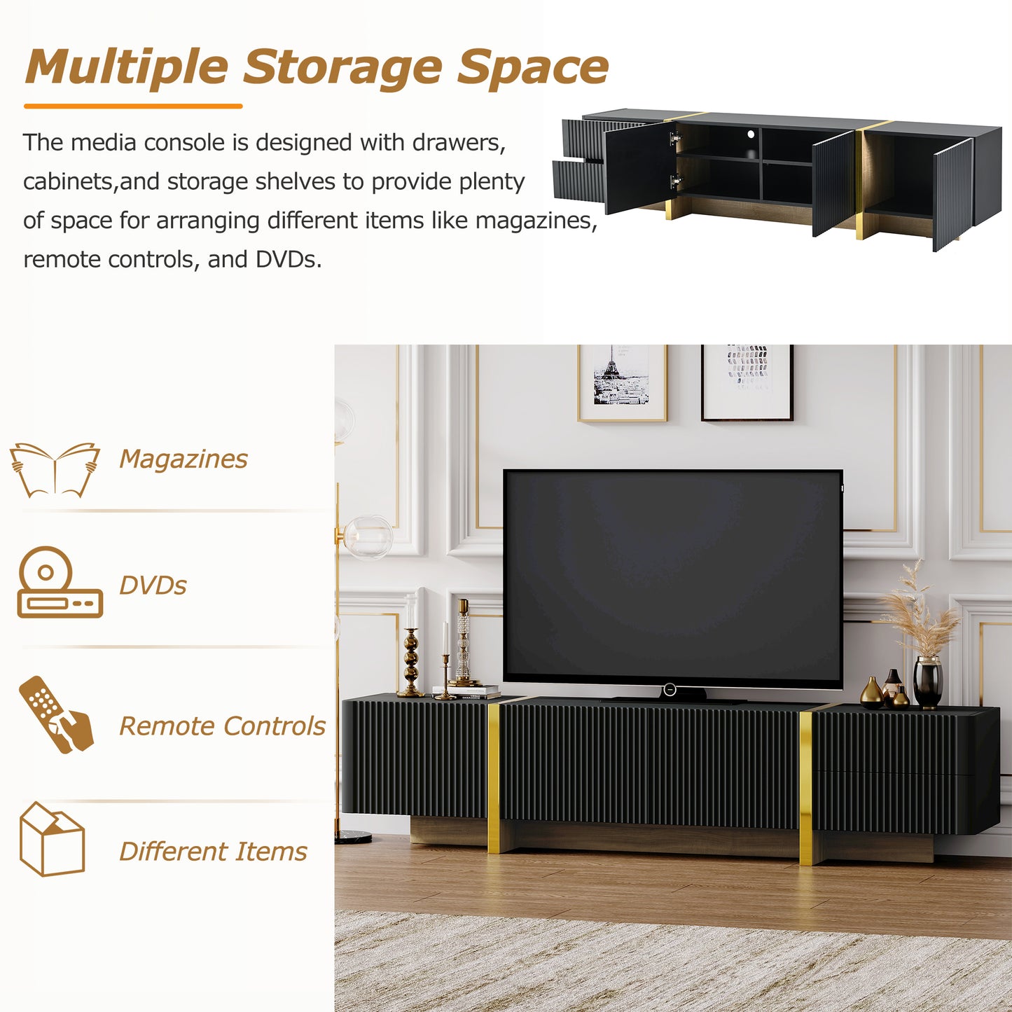 Modern black media console with gold accents ideal for living rooms
