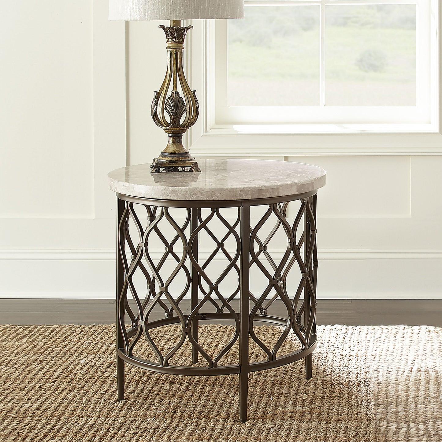 TREATLIFE HOME End Table with Stone Top and Designer Fretwork Base, White with Bronze Base Accent
