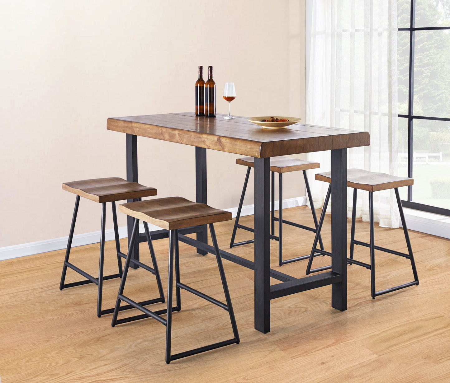 TREATLIFE HOME 5 Piece Counter Height Dining Set with Wooden Seats and Iron Base, Natural Honey Finish, Light Brown