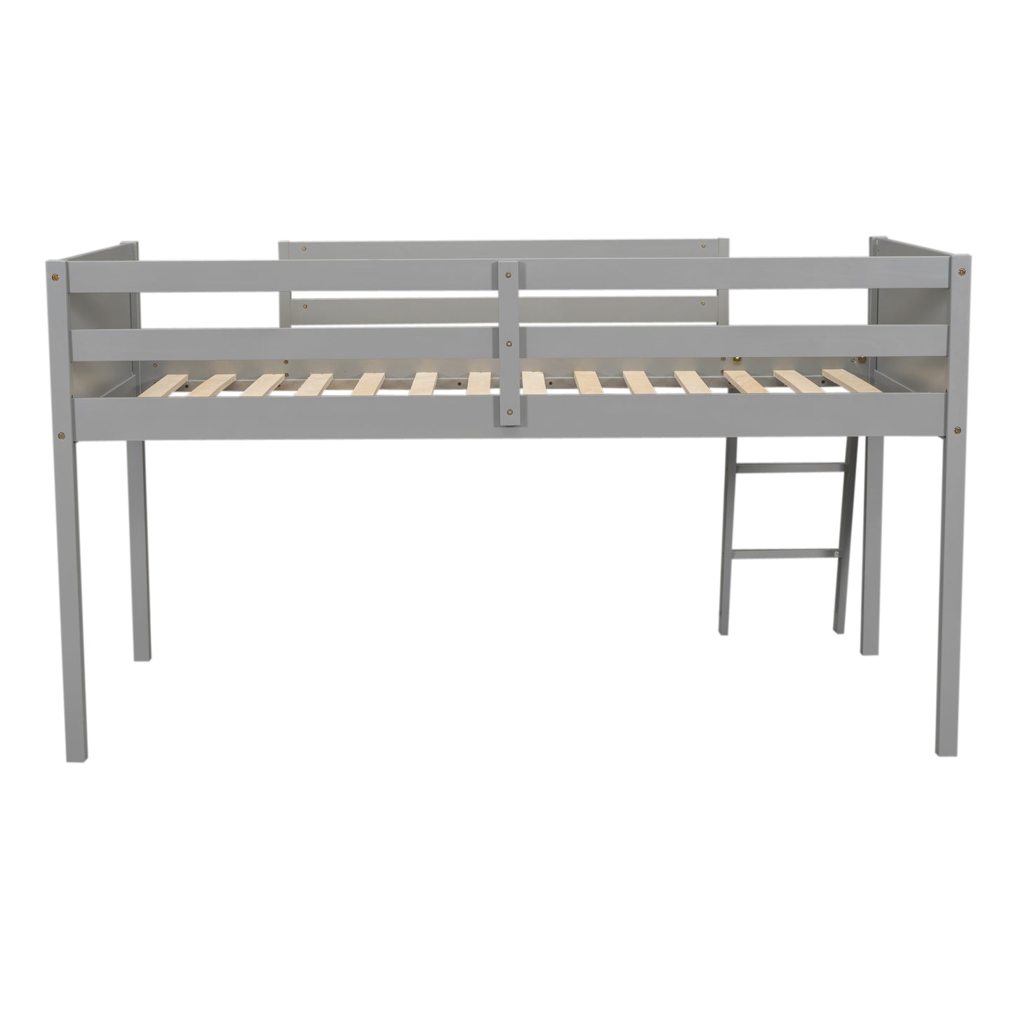 Gray wooden loft bed frame with ladder characters