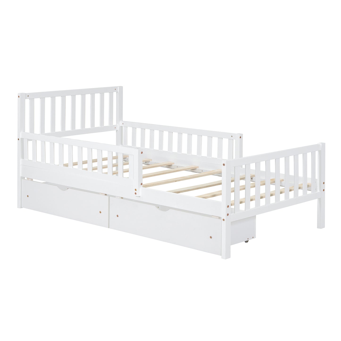 White wooden toddler bed with rails and two storage drawers