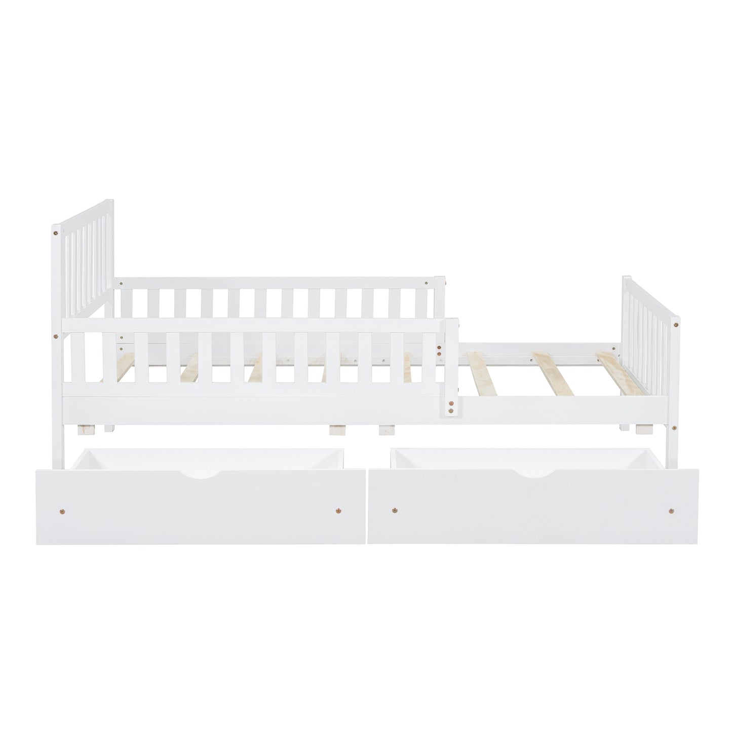 White toddler bed with safety rails and two storage drawers