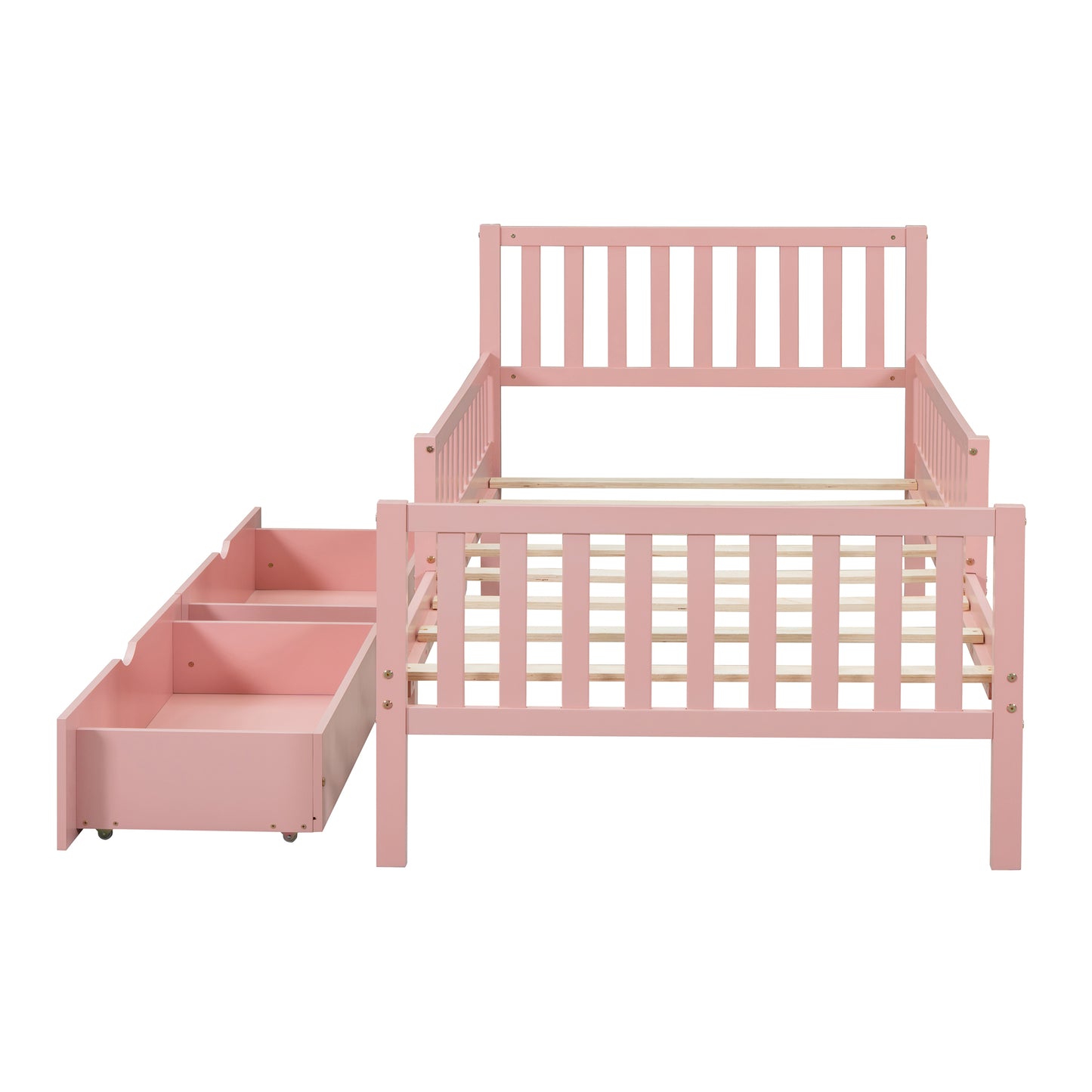 Pink wooden toddler bed with storage stairs