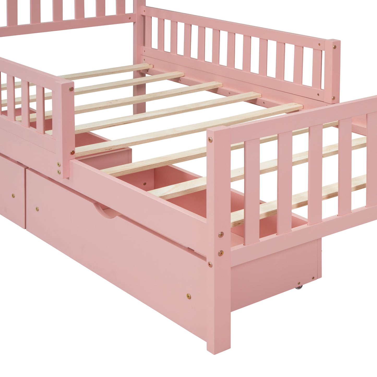Pink toddler bed with safety rails and two builtin storage drawers