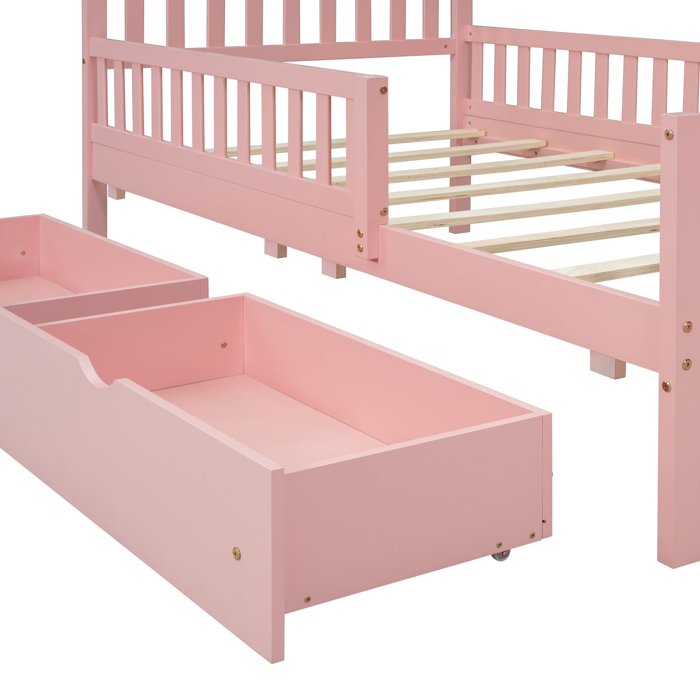 Pink toddler bed frame with integrated storage drawers for kids