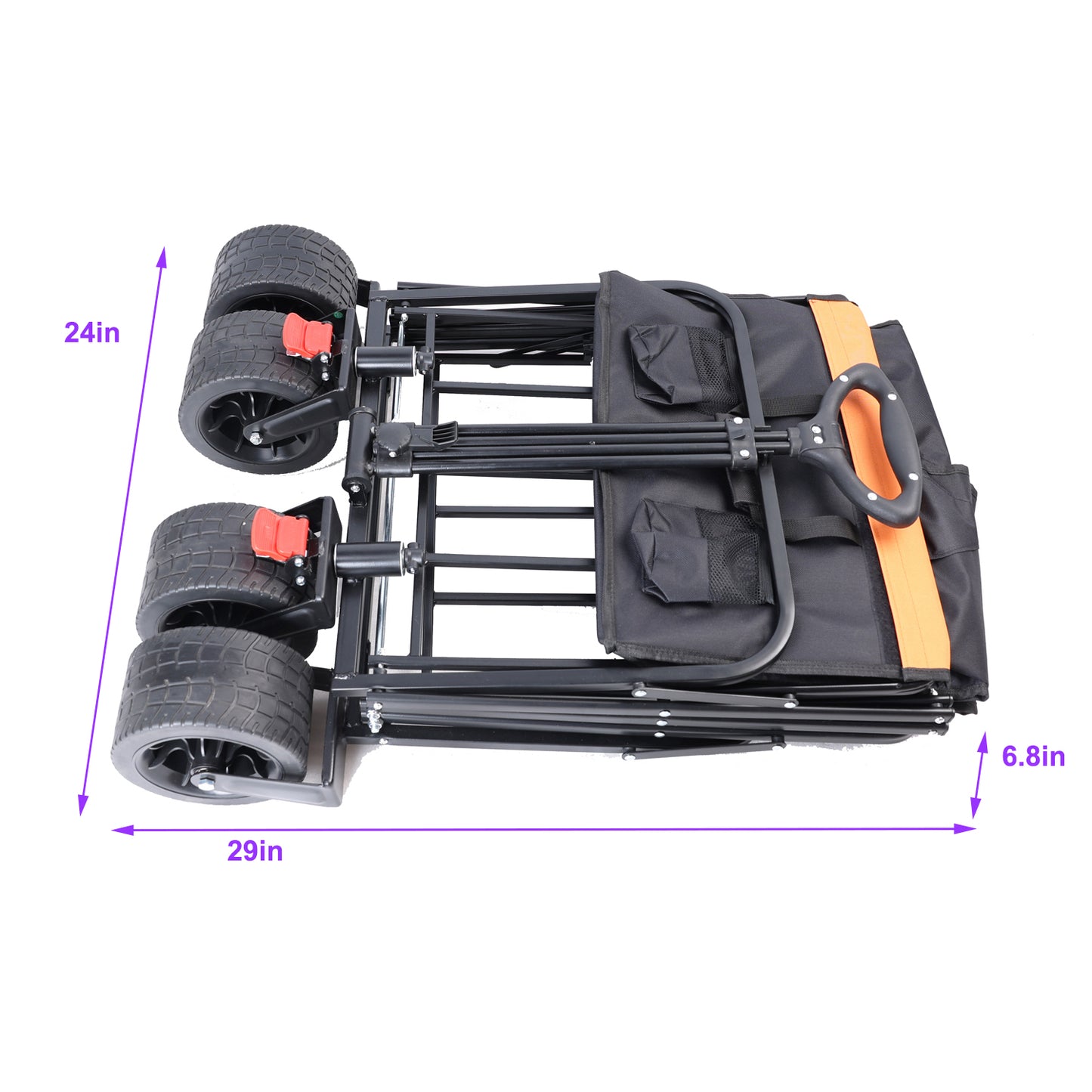 Collapsible garden wagon with large wheels black fabric and orange handle