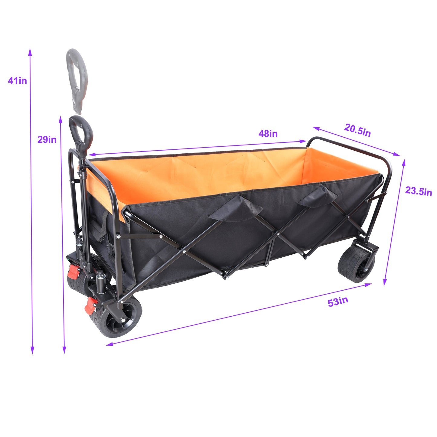 Black folding wagon with orange interior ideal for hauling beach gear or groceries