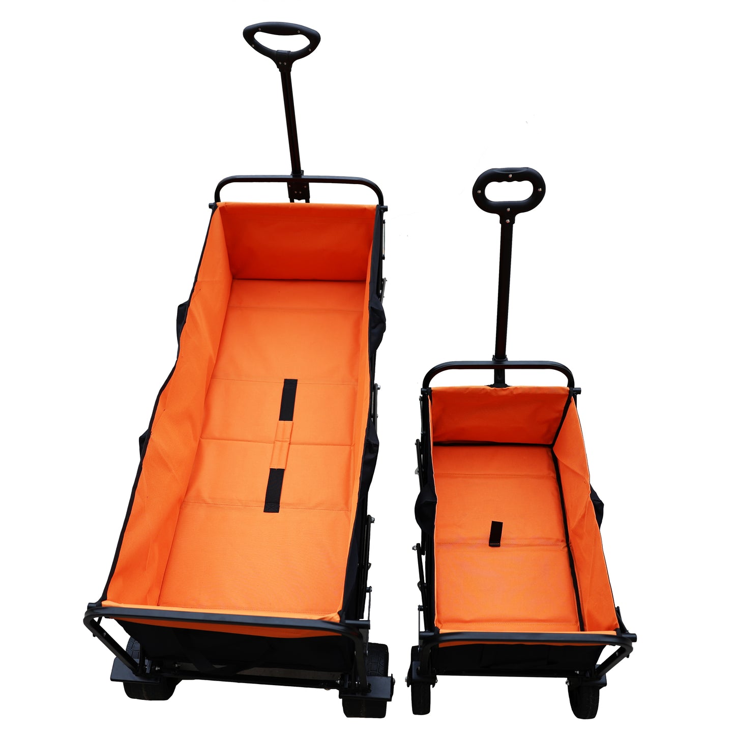 Two orange collapsible wagons with black frames and handles on white background