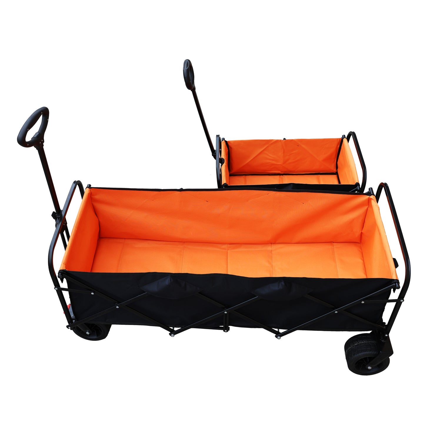 Collapsible outdoor wagon with large orange fabric bin and black metal frame