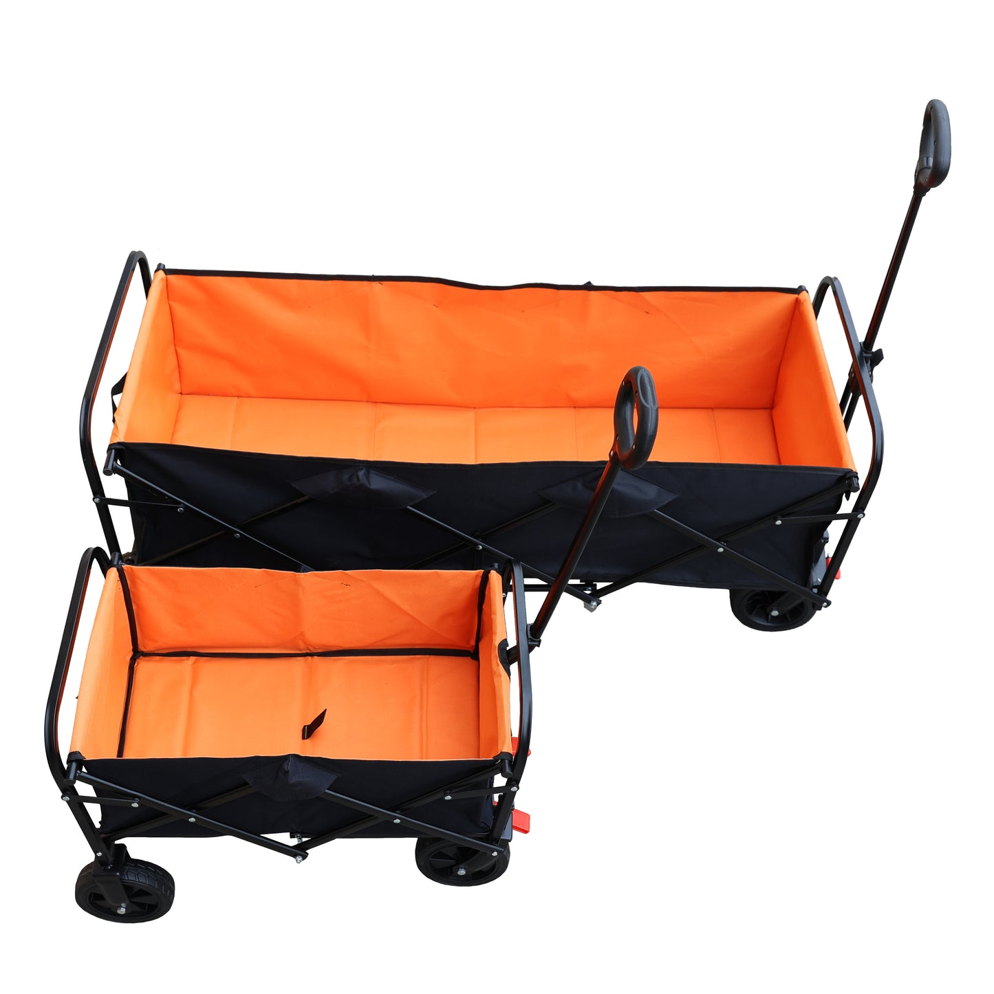Two black and orange foldable wagons one larger than the other perfect for camping