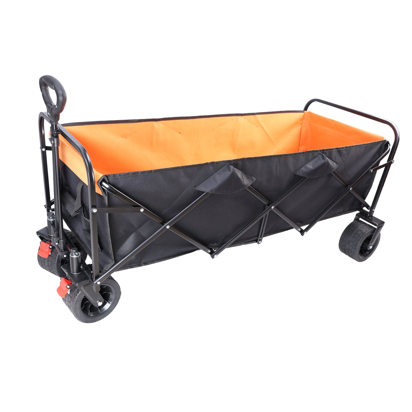 Black folding wagon with orange interior and durable wheels ideal for hauling