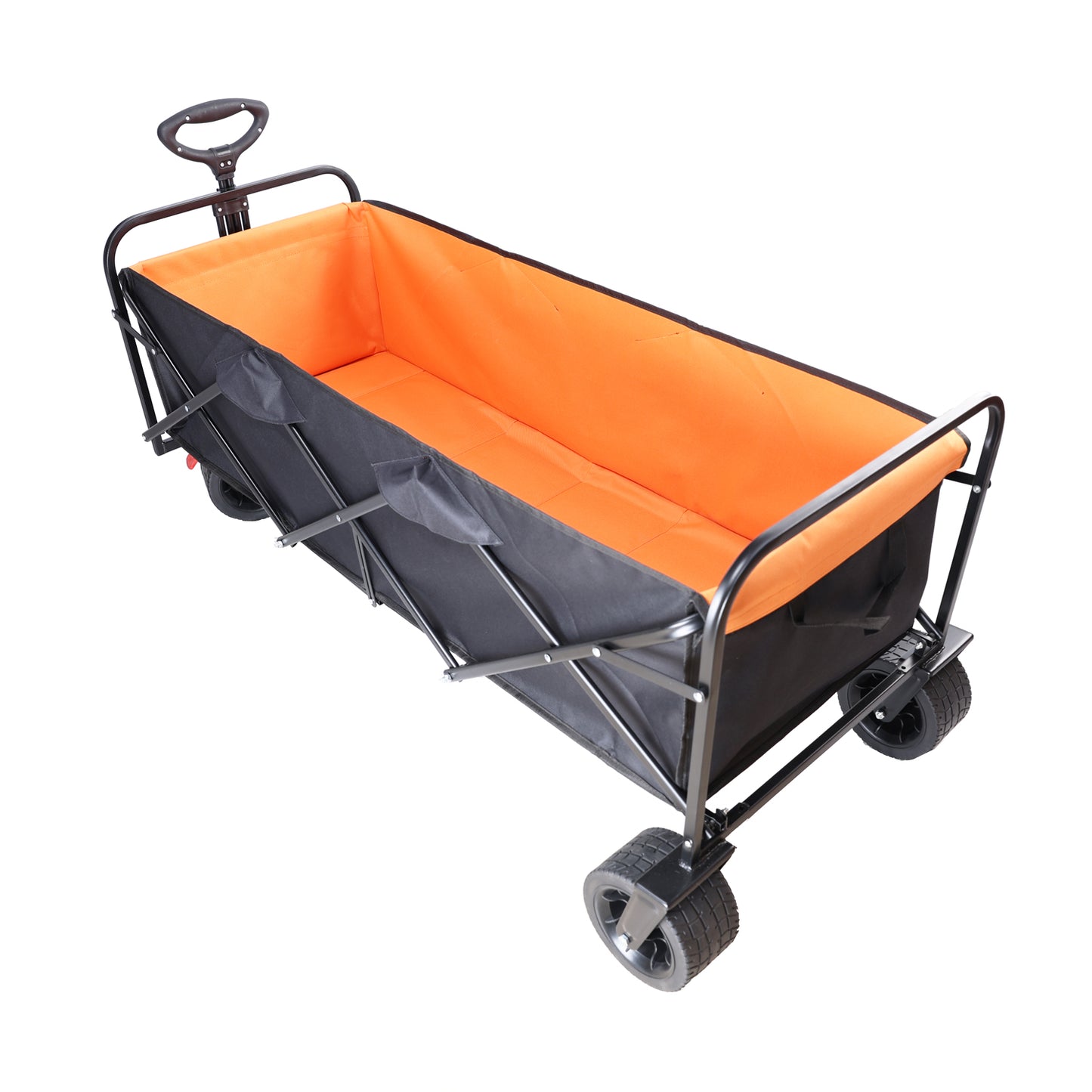 Black and orange foldable utility wagon with sturdy wheels and handle for outdoor transport