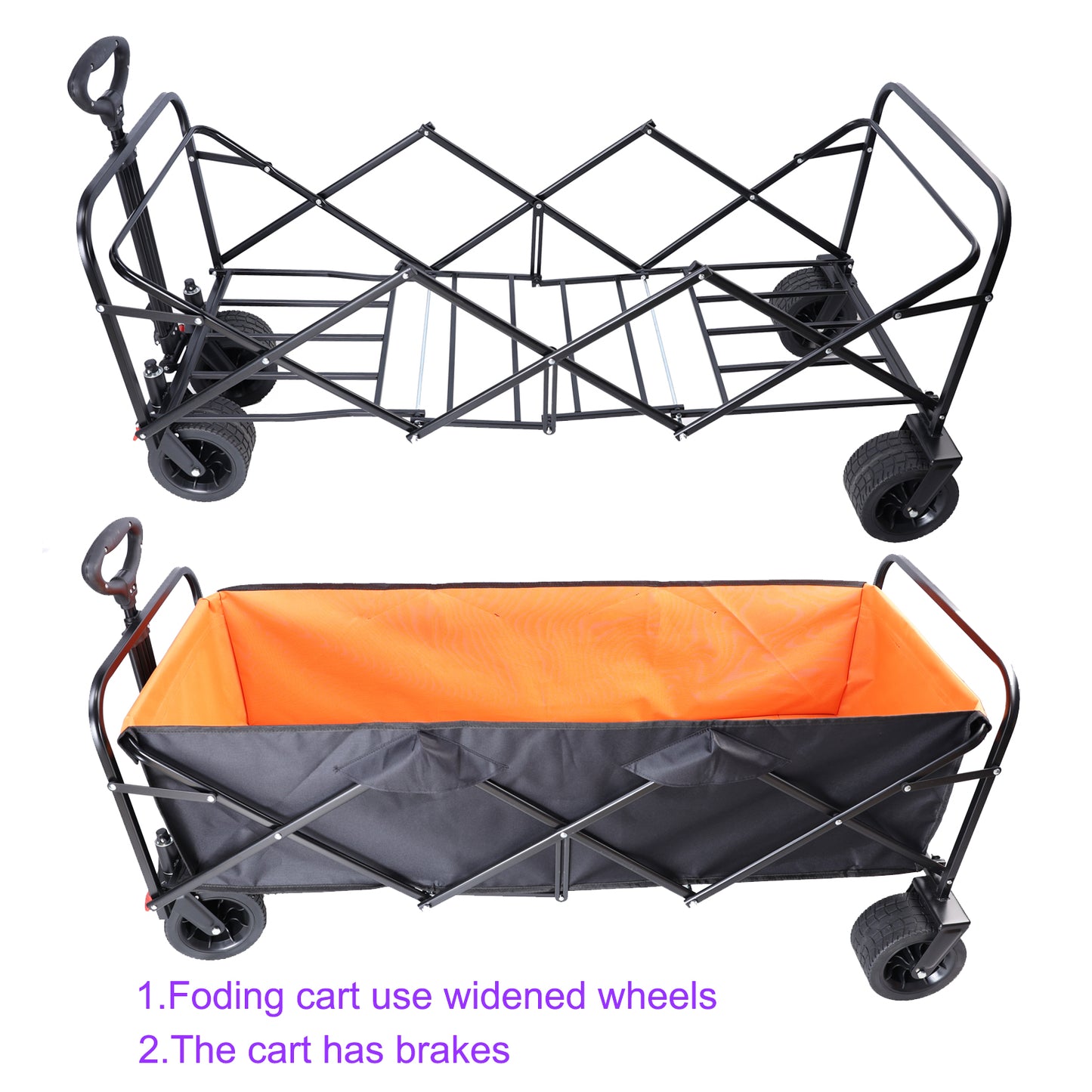 Collapsible wagon with orange interior and black frame ideal for hauling gear