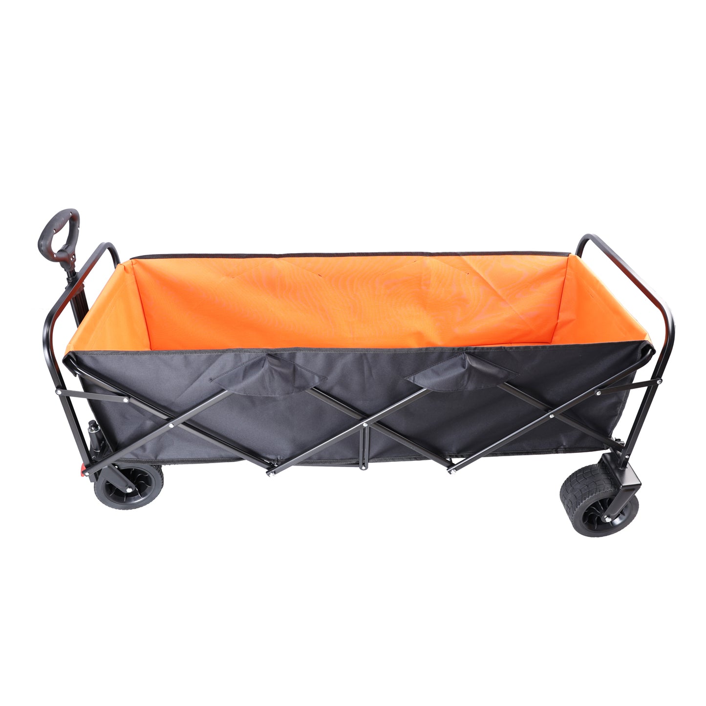 Orangelined black folding wagon with sturdy wheels and a comfortable handle